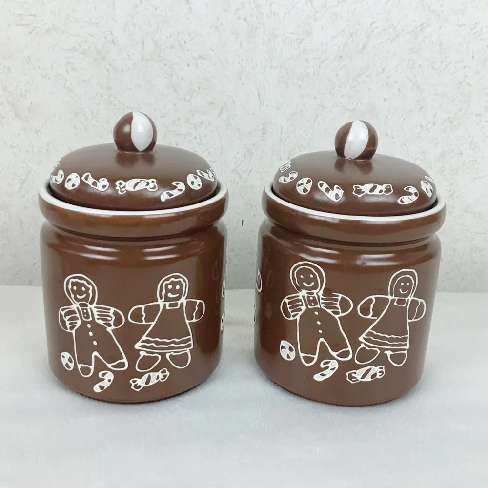 Gingerbread Couple Stoneware Cookie Jar Canister Set Christmas Candy Cane Trim